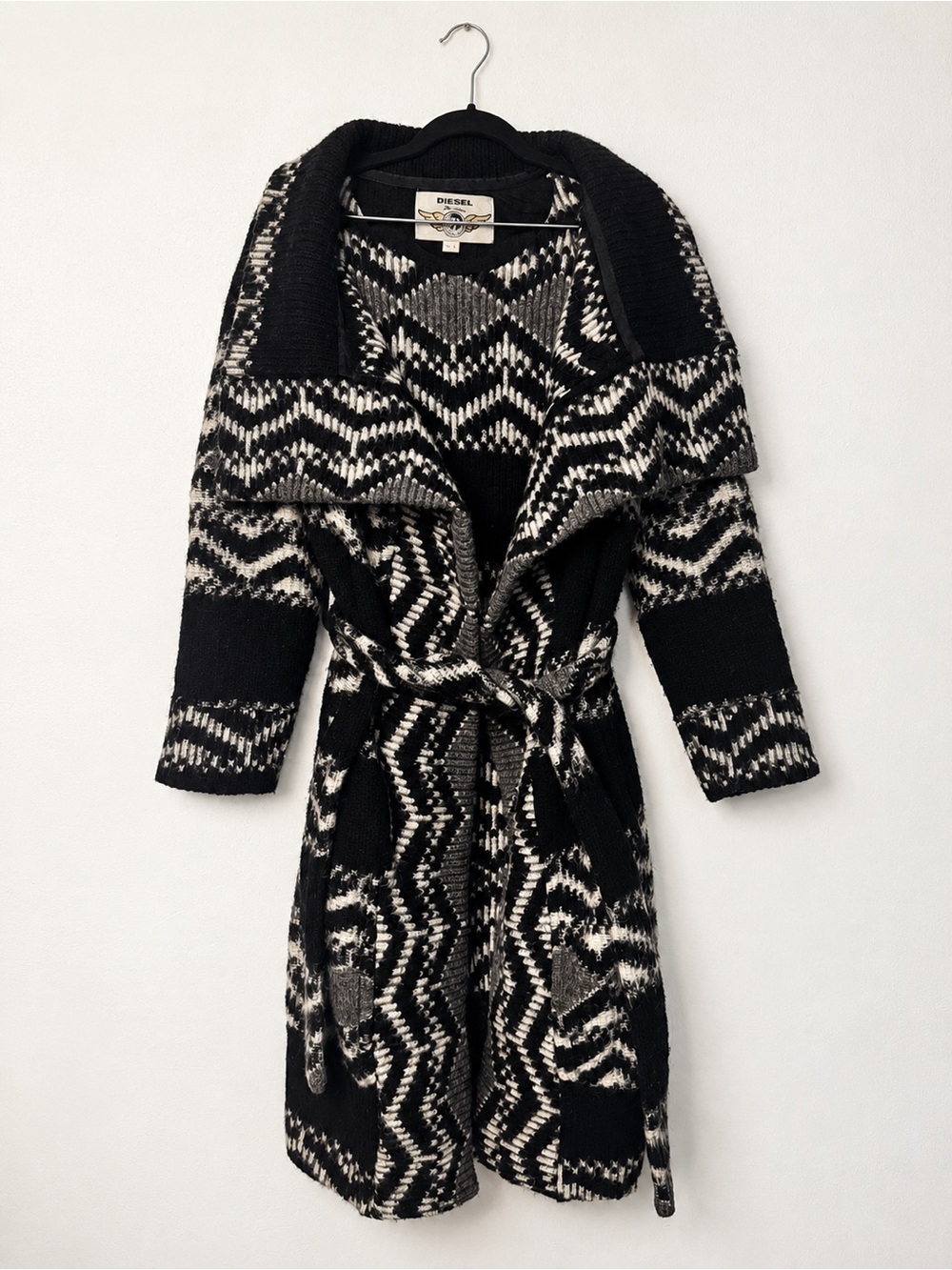 Diesel Female Geometric Knit Belted Duster Cardigan Sweater Coat